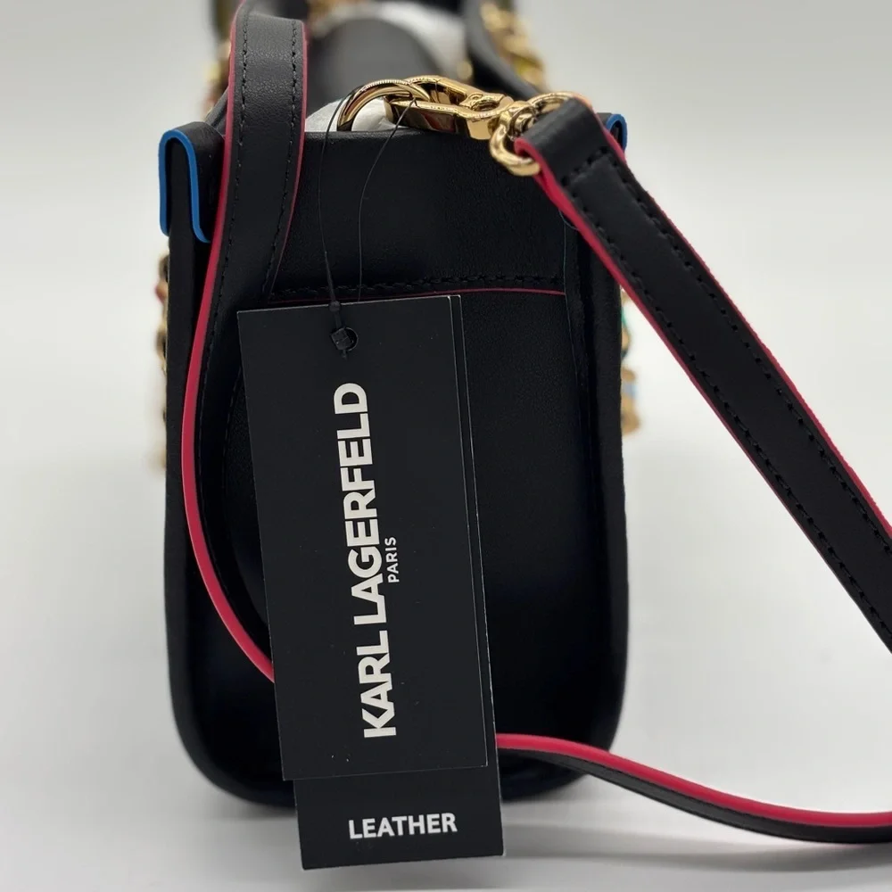 Karl Lagerfeld Black and Pink Leather Crossbody Bag with Multicolor Chain